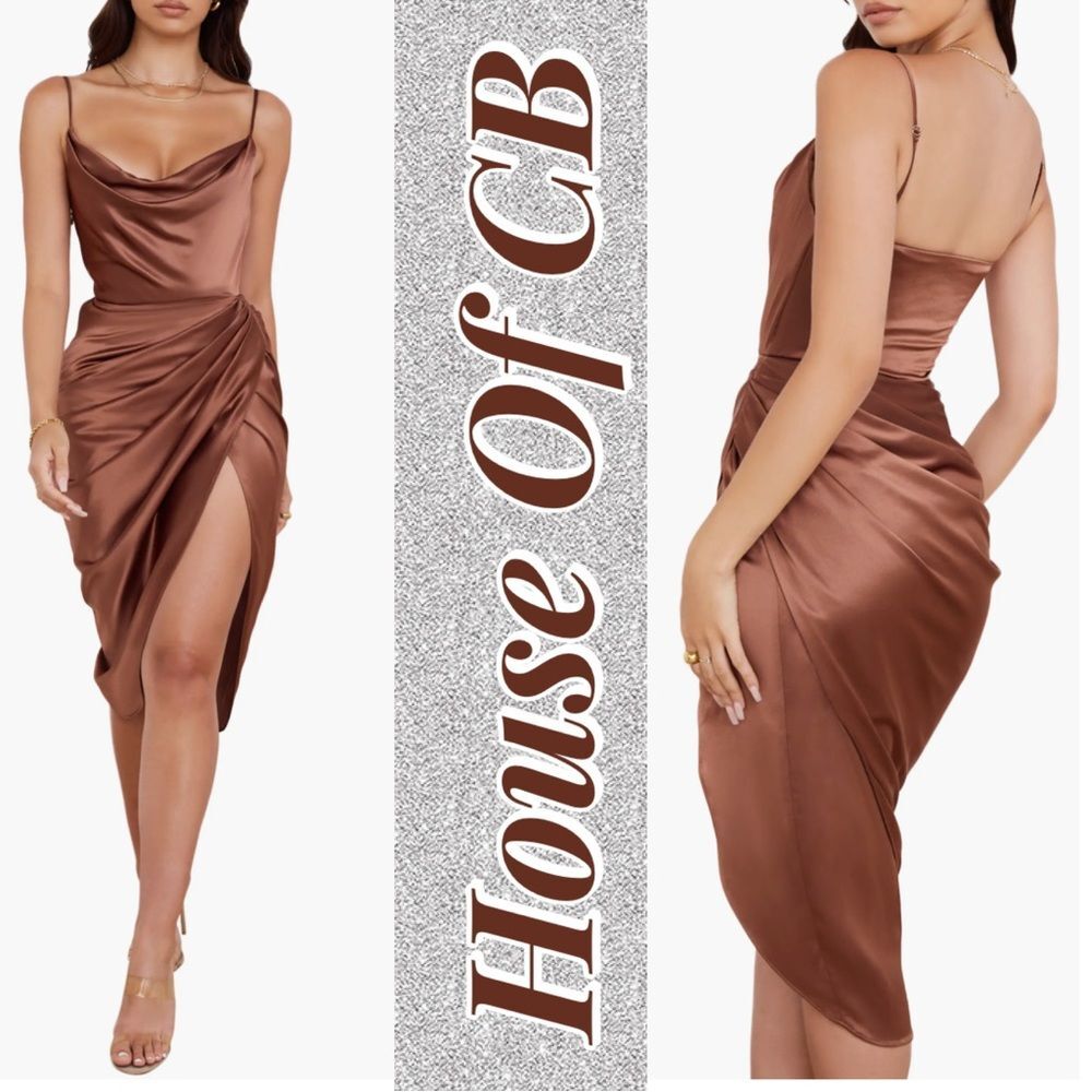 House of CB Satin Reva Sleeveless Toffee Balcony Corset Midi Dress S